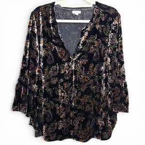 J Jill Top Womens 2X Black Paisley Velvet V Neck Festive Party Holiday Whimsy